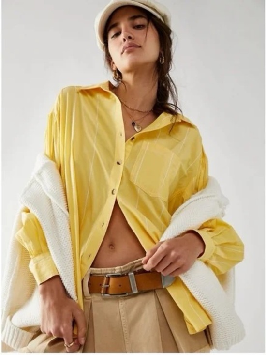 Free People Tops - Free People Happy Hour Stripe Top Yellow Combo Boho Oversized Women Size S